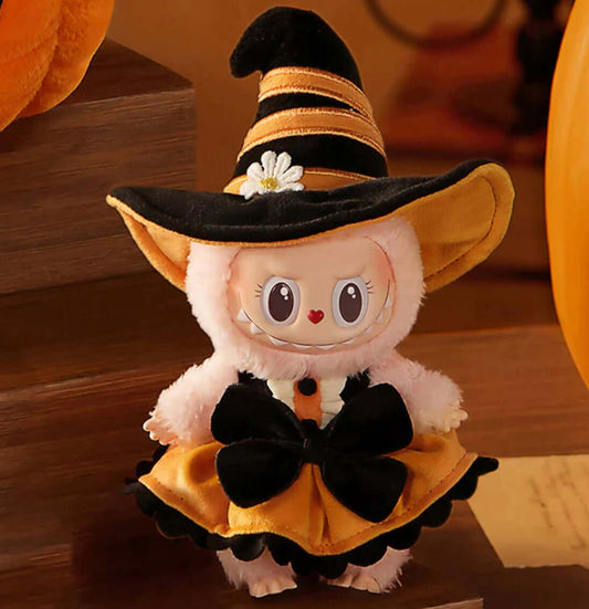 Peluche Labubu Mokoko Sorcière – édition Halloween, chapeau noir et orange, nœud noir, design Kasing Lung