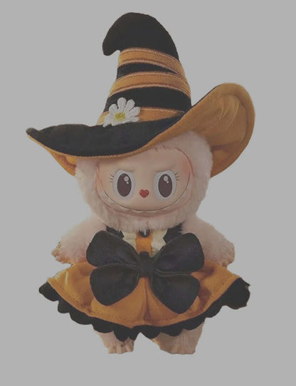 Peluche Labubu Mokoko Sorcière – édition Halloween, chapeau noir et orange, nœud noir, design Kasing Lung