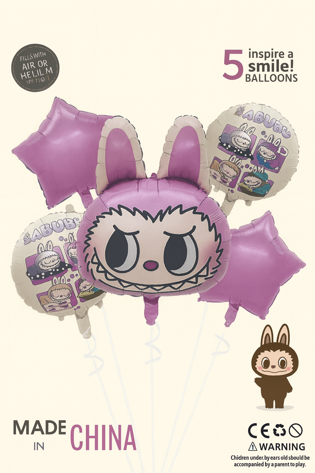 Set de 5 ballons anniversaire Labubu – Décoration de fête adorable !