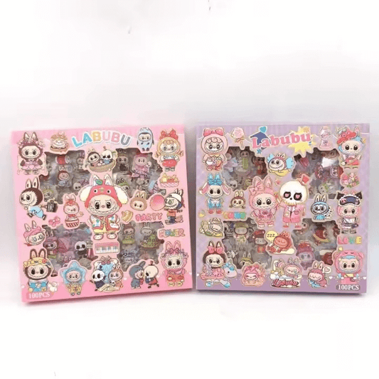 Autocollants Labubu dans un style Kawaii, collection colorée de personnages mignons et accessoires pour enfants.