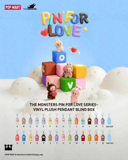 Labubu Pin For Love collectible plush keychains displayed with colorful blocks and characters by Kasing Lung.