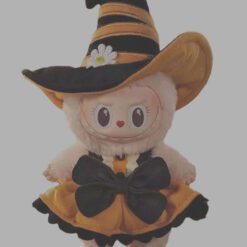 Labubu The Monsters Mokoko Happy Halloween Party plush toy wearing a witch hat and dress.