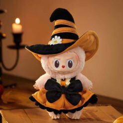 Labubu The Monsters Mokoko Happy Halloween Party collectible doll in witch costume with hat and bow.