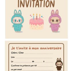 Invitation d'anniversaire avec des personnages de lapins mignons et un gâteau coloré, pour Anniversaire Kit Fêtes & anniversaires – univers Labubu.