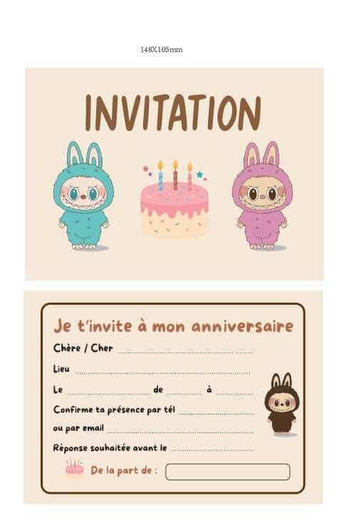 Invitation d'anniversaire avec des personnages de lapins mignons et un gâteau coloré, pour Anniversaire Kit Fêtes & anniversaires – univers Labubu.