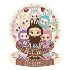 Anniversaire Kit Fêtes & anniversaires – univers Labubu, assiettes colorées avec personnages mignons pour fête d'anniversaire.