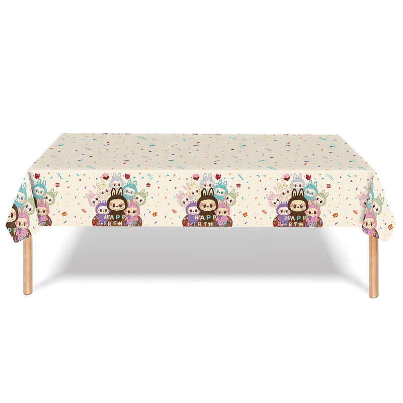 Anniversaire Kit Fêtes & anniversaires – univers Labubu tablecloth design featuring colorful Labubu characters and festive decor.