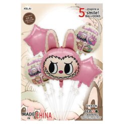 Anniversaire Kit Fêtes & anniversaires – univers Labubu Ballons featuring 5 cute Labubu balloons in pink and colorful designs.