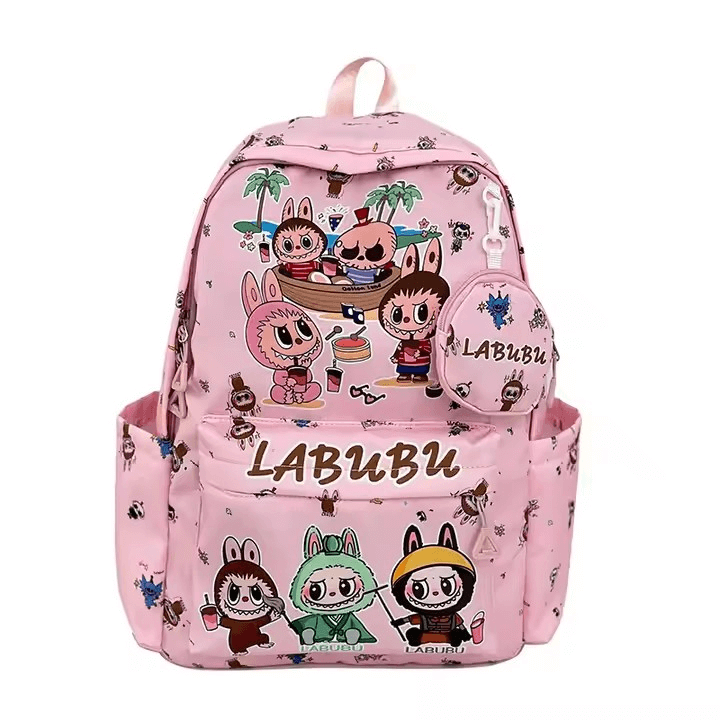 Cartable Labubu college kawaii avec motifs adorables et bretelles rembourrées, idéal pour la rentrée.