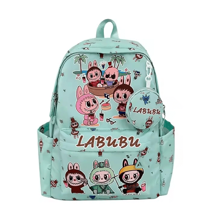 Cartable Labubu college kawaii avec motifs colorés et espiègles, parfait pour les enfants.