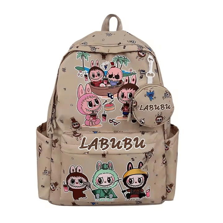 Cartable Labubu college kawaii avec motifs espiègles et bretelles rembourrées.