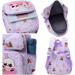 Cartable Labubu primaire kawaii en couleur lilas avec motifs adorables, bretelles rembourrées et compartiments pratiques.