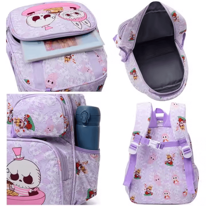 Cartable Labubu primaire kawaii en couleur lilas avec motifs adorables, bretelles rembourrées et compartiments pratiques.