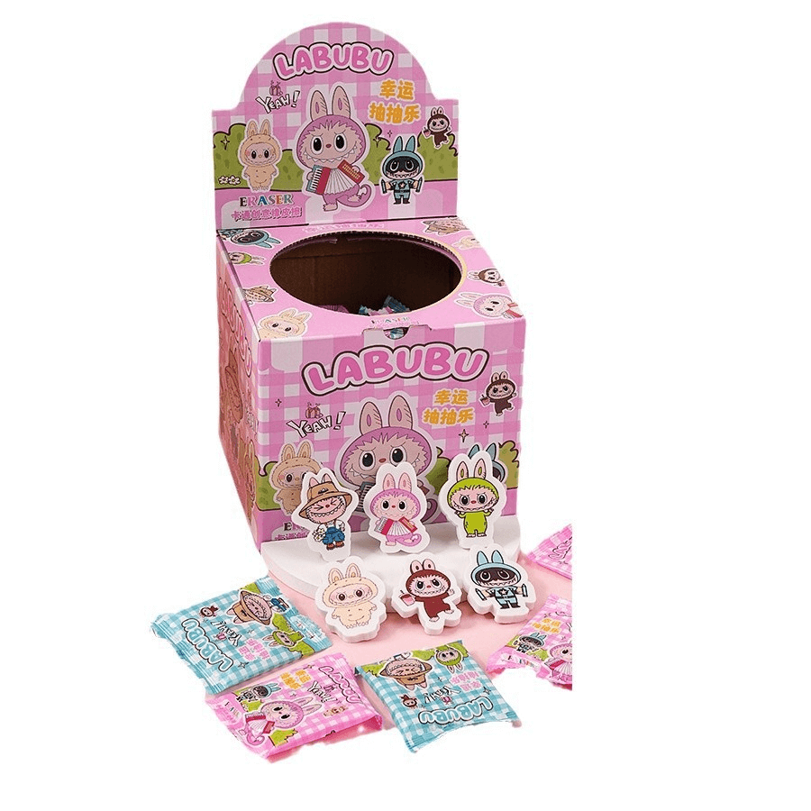 Gomme Labubu – Mignonne et pratique, emballage coloré avec autocollants et gommes amusants.