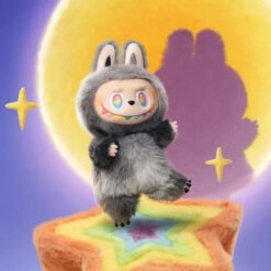Labubu Big Into Energy figurine in a fluffy bunny costume with colorful background.