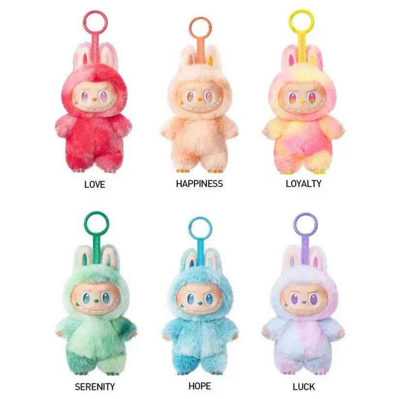 Labubu Big Into Energy collection featuring colorful plush figurines representing emotions like Love, Happiness, and Serenity.