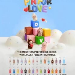 Labubu Pin For Love Kawaii pop coffret 14 pièces featuring adorable plush keychains on colorful blocks.