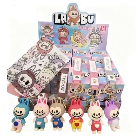 Porte-clés Labubu multicouleur – Figurine Collector avec plusieurs porte-clés colorés et affichage.