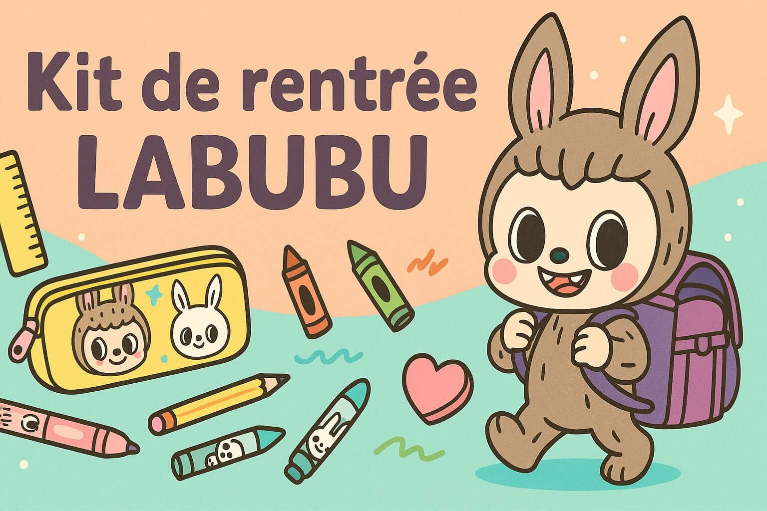Kit de rentrée Scolaire Primaire Labubu avec un personnage mignon et des fournitures scolaires colorées.