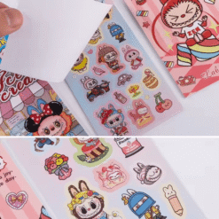 Stickers Labubu mignion et adorable sur une planche colorée, parfaits pour personnaliser vos objets.