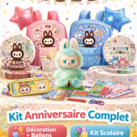 Kit anniversaire complet enfant avec décoration, ballons, peluche Labubu et kit scolaire fille ou garçon