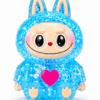 Squishy personnage bleu pailleté kawaii anti-stress, ultra mignon, doux et agréable à manipuler.